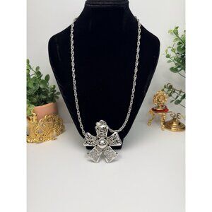 Bold Vintage Roget Statement Maltese Style Pendant Necklace Silver Tone 30”